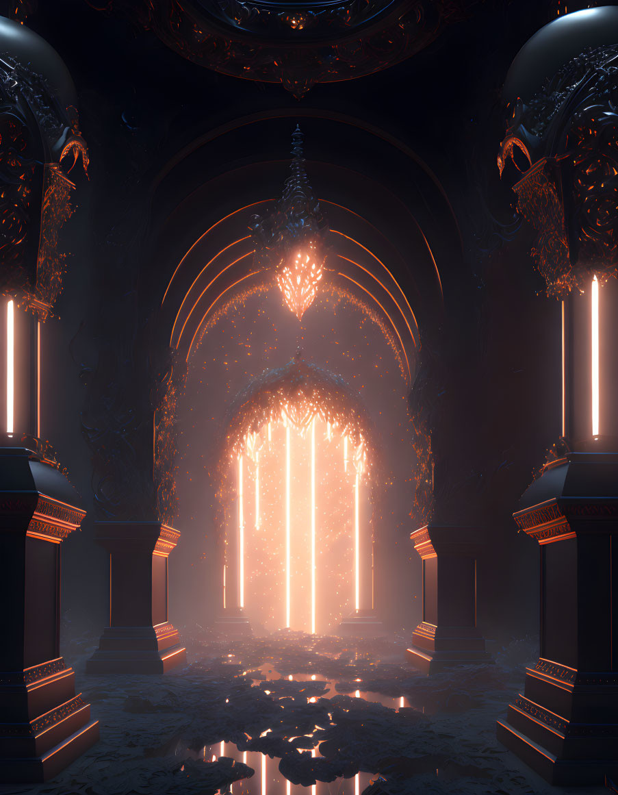 Gothic grand hall with vertical light shafts and glowing portal