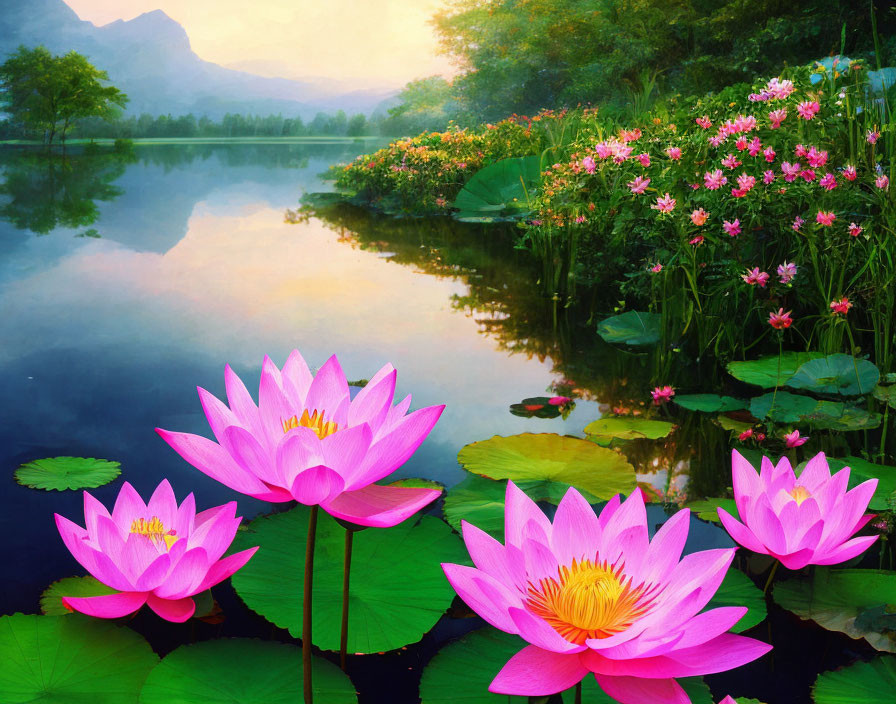 Pink Lotus Flowers Blooming on Tranquil Pond at Sunrise