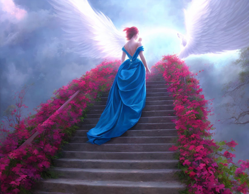 Woman in blue gown climbs floral stairway to glowing white dove in foggy realm