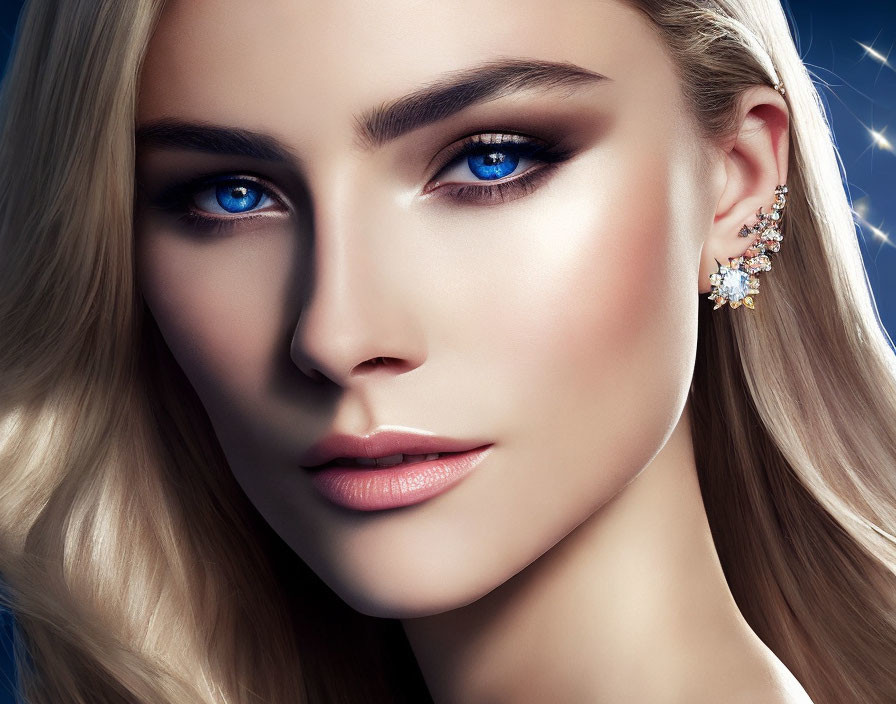 Close-up of woman with blue eyes, full lips, styled eyebrows, wearing sparkly earrings on star