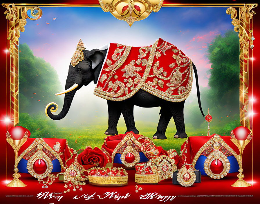 Adorned Elephant with Crowns on Red Background and Merry Message