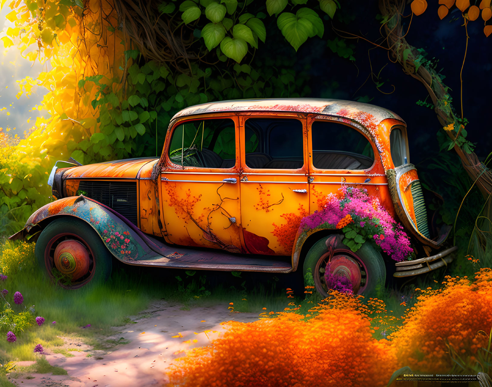 Rusty car covered in plants in sunny forest clearing