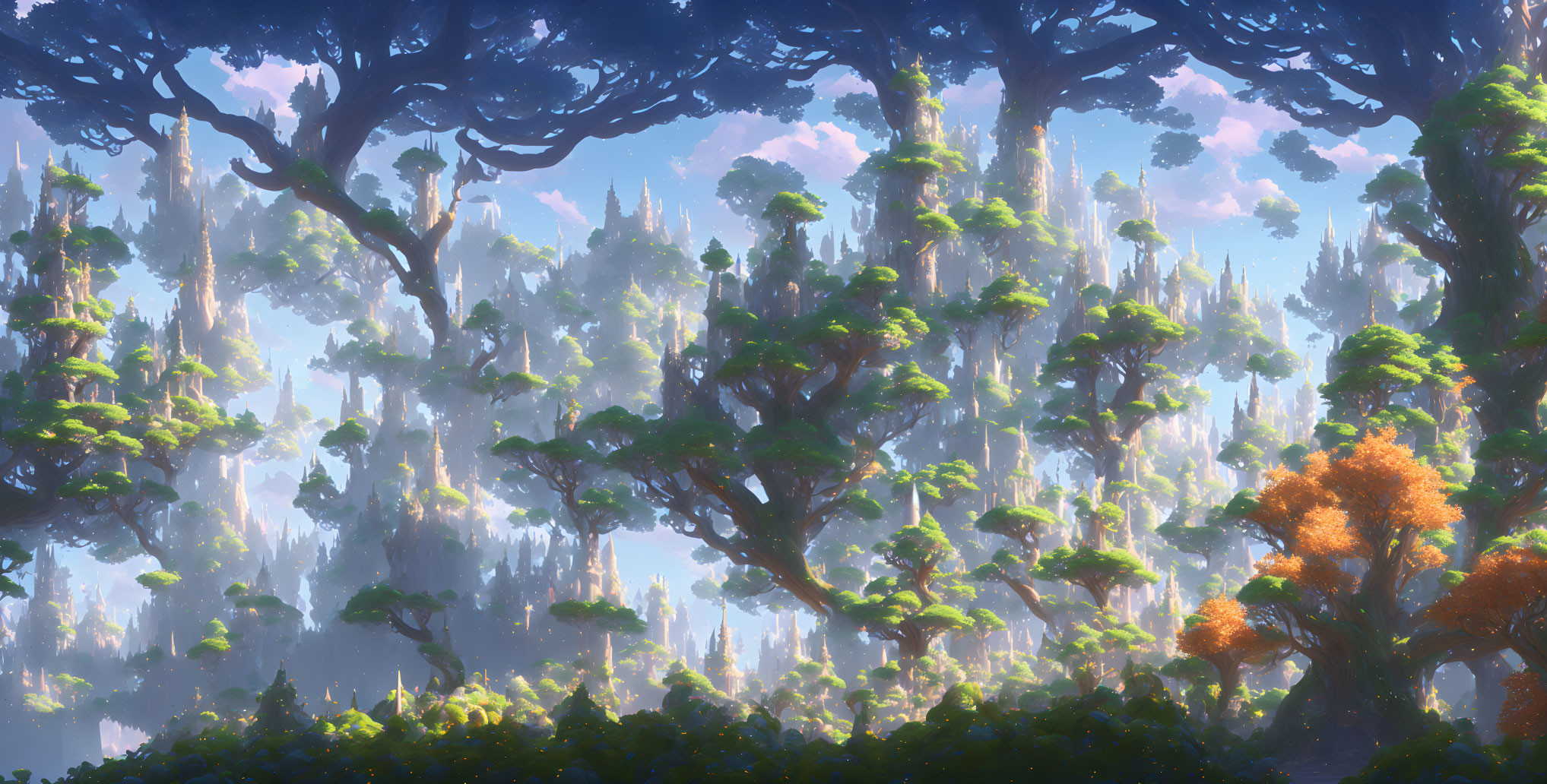 Lush forest with tall trees, sunlight, and misty backdrop