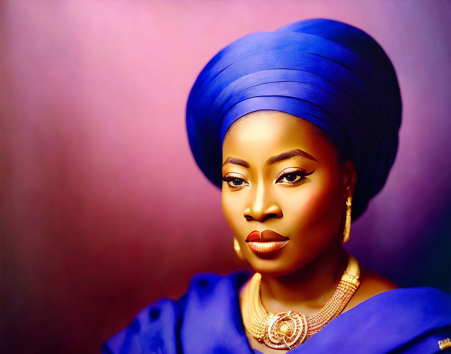 Traditional attire: Woman in blue head wrap and matching dress with gold jewelry