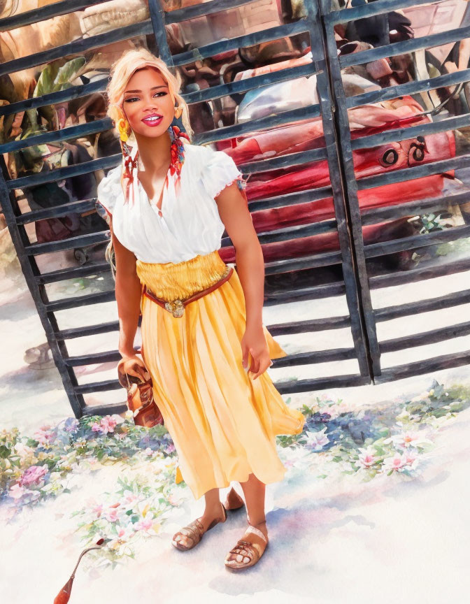 Smiling woman in white blouse and yellow skirt by colorful gate