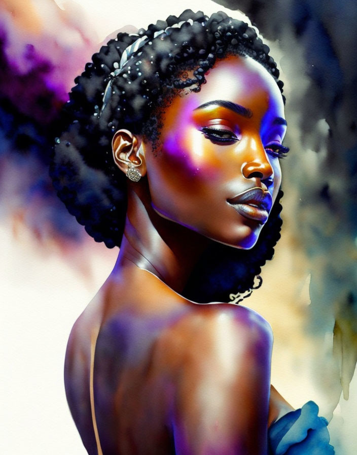 Vibrant portrait of a woman with stylized makeup and colorful updo.