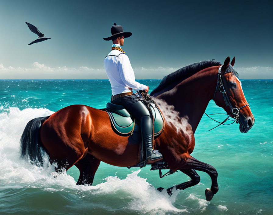 Person in Western Attire Riding Horse Across Shallow Ocean Waters