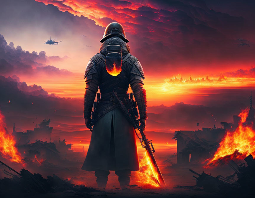 Futuristic armored figure in fiery dystopian landscape