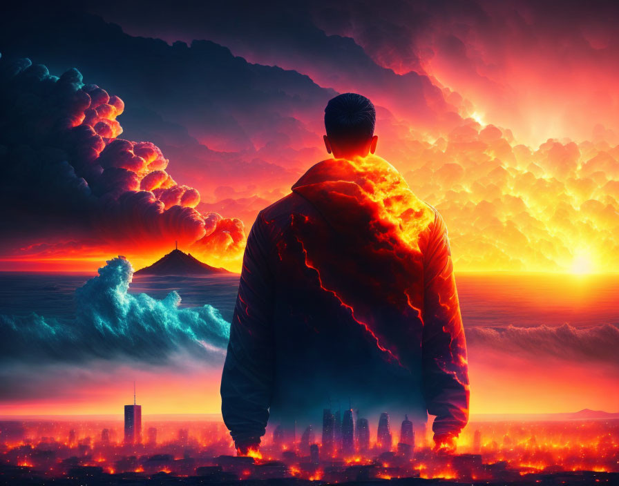 Man silhouette against apocalyptic landscape with volcanic eruptions, tidal waves, and city on fire