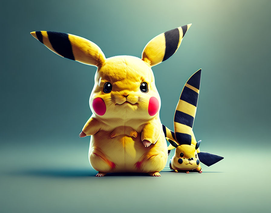 Stylized large and small Pikachu against green background