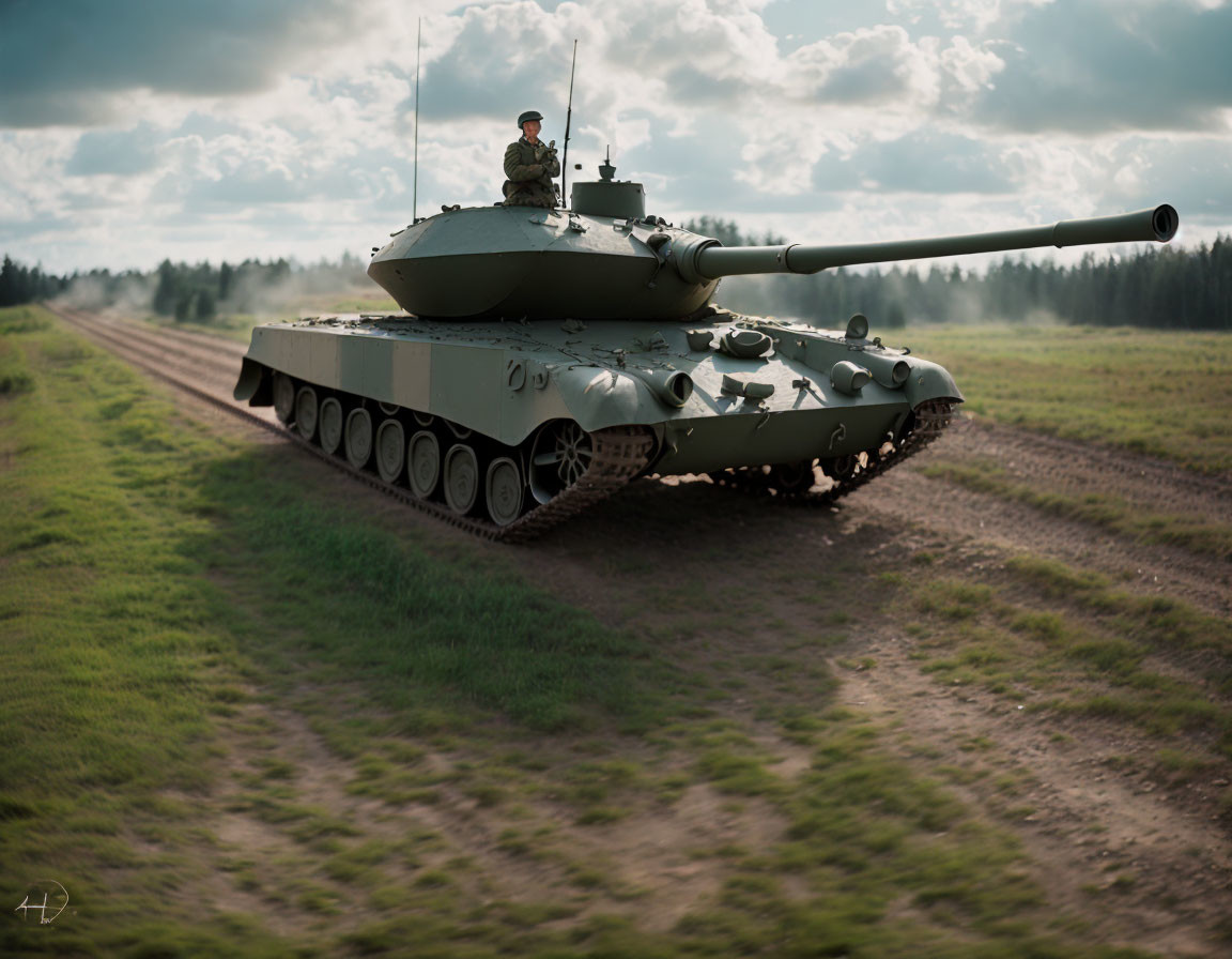 Military tank with soldier on dirt road in grassy field under cloudy sky