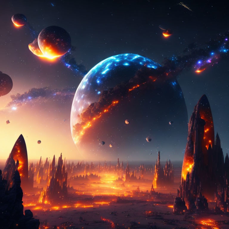 Futuristic sci-fi landscape with fiery terrain and celestial bodies