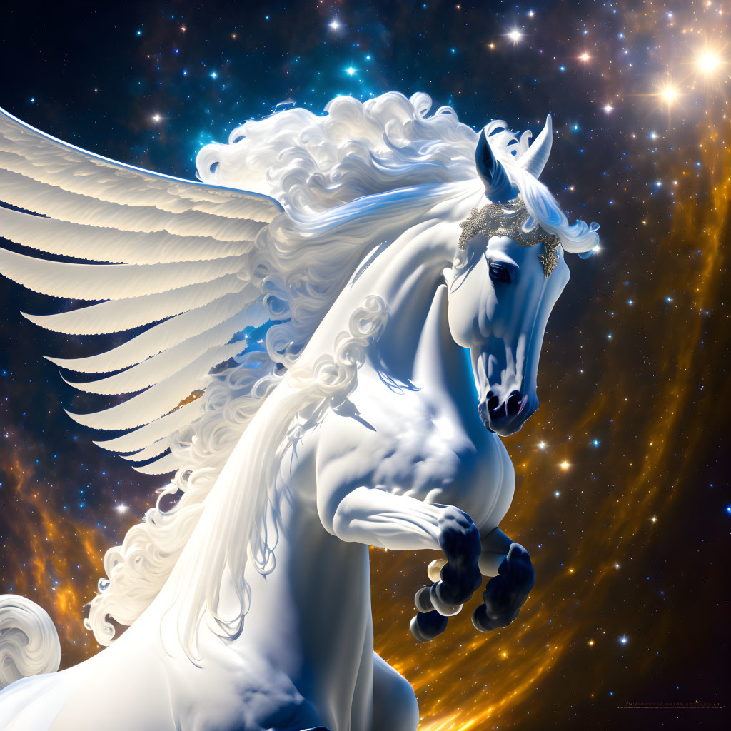 White Winged Horse with Flowing Mane in Cosmic Setting