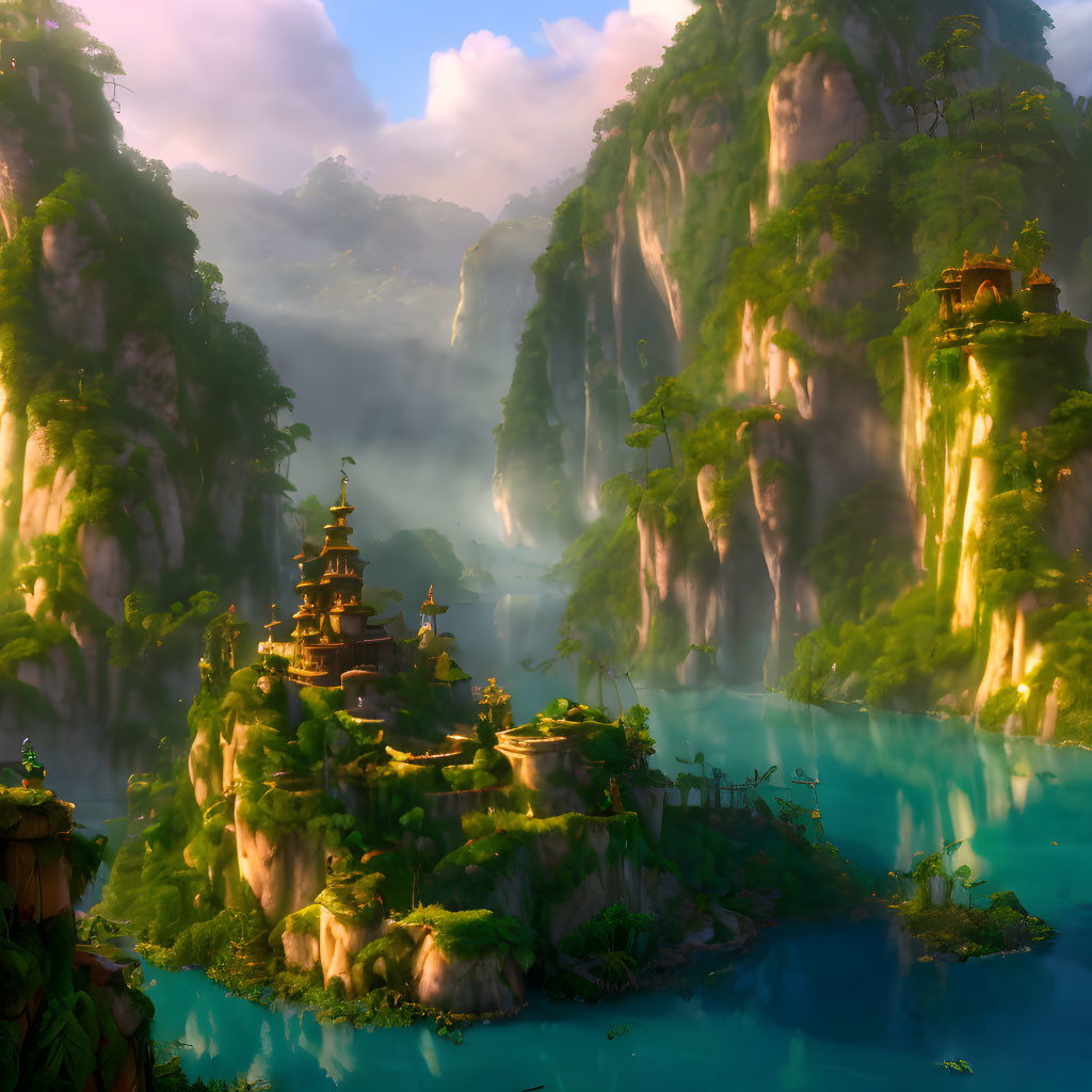 Mythical landscape with waterfalls, cliffs, greenery, and temples