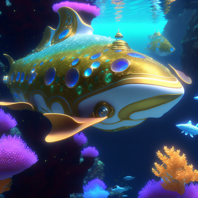 Ornate Fish-Like Submarine in Vibrant Coral Scene