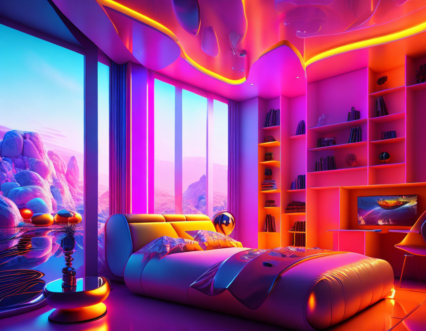 Futuristic Bedroom with Neon Lighting and Desert View