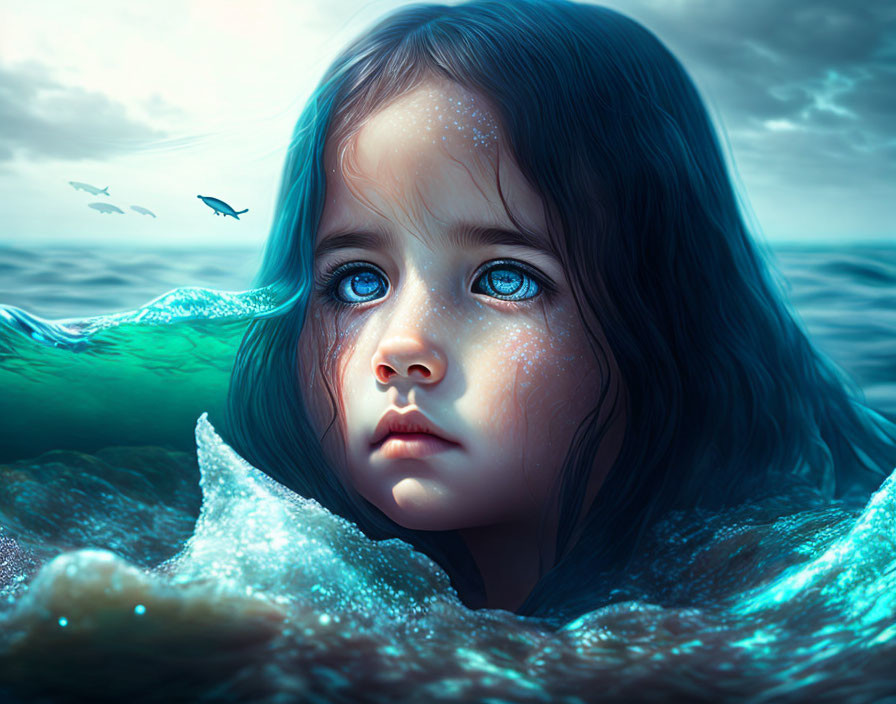 Digital artwork of young girl with blue eyes submerged in water, ocean waves & birds in background