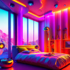 Futuristic Bedroom with Neon Lighting and Desert View