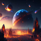 Futuristic sci-fi landscape with fiery terrain and celestial bodies