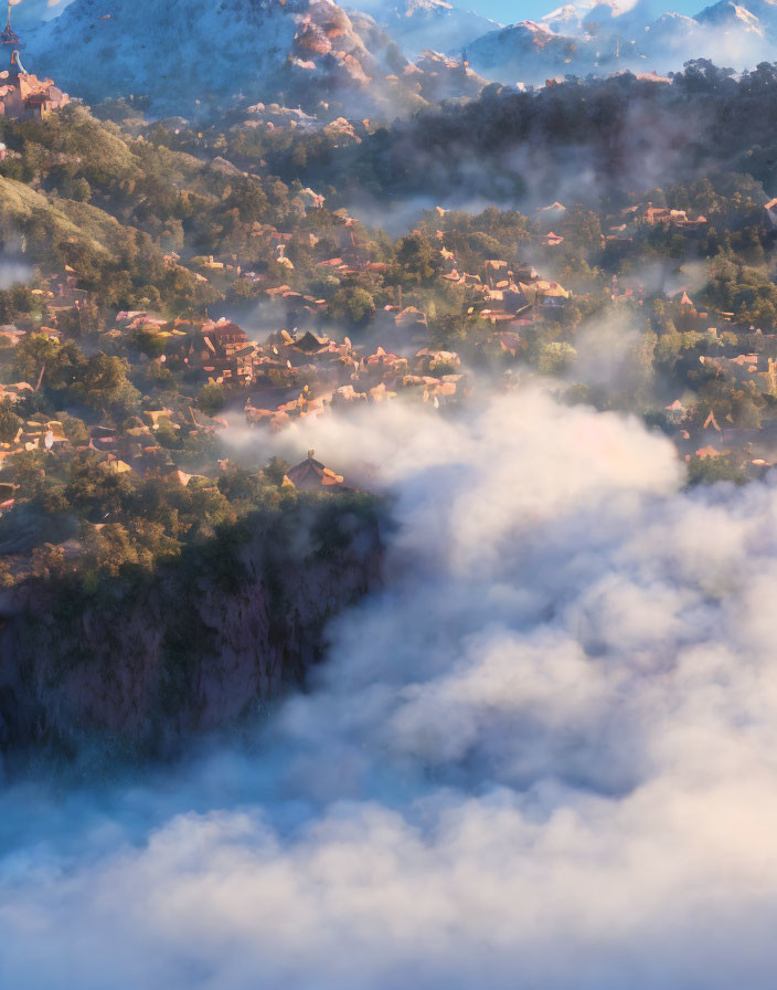 Mountainous Village Scene Shrouded in Mist and Sunlight