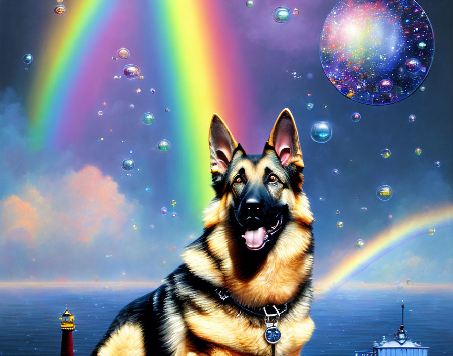 German Shepherd in Surreal Rainbow Background