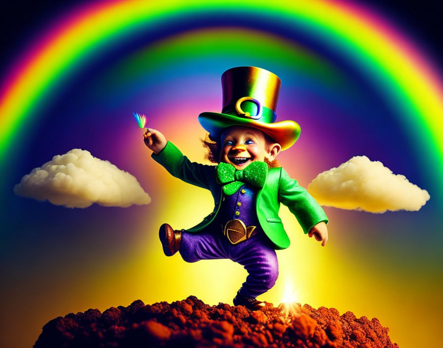 Joyful leprechaun under rainbow on hill with green hat and coat