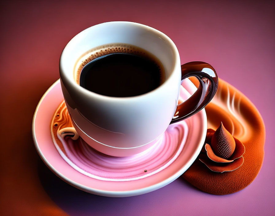 White Coffee Cup on Pink Swirled Saucer with Chocolate Flower on Maroon Background