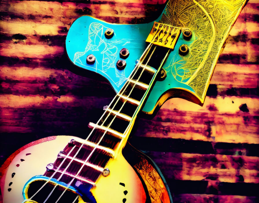 Vibrant Electric Guitar with Artistic Overlay on Striped Background