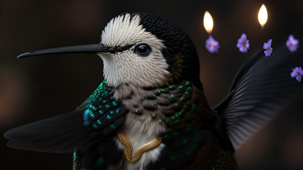 Iridescent hummingbird with spread wings and gold chain in close-up shot