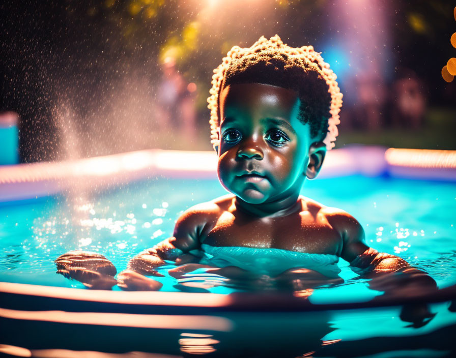 Curly-Haired Child Nighttime Swim with Colorful Lights