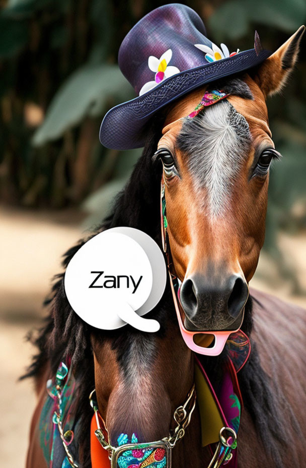 Whimsical horse with colorful hat and bridle saying "Zany