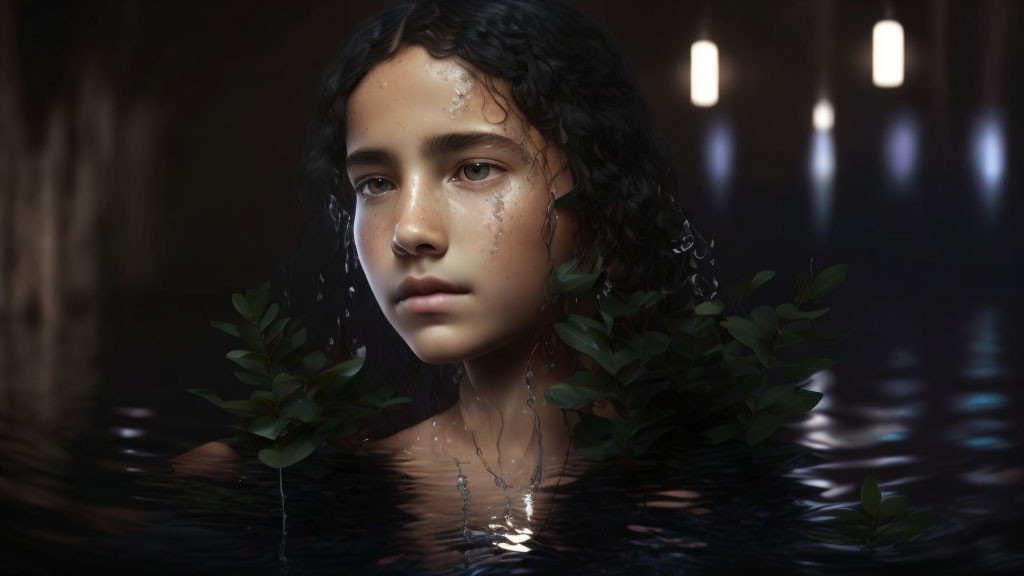 Girl with wet hair and teary eyes emerging from dark waters with green foliage in dimly lit setting