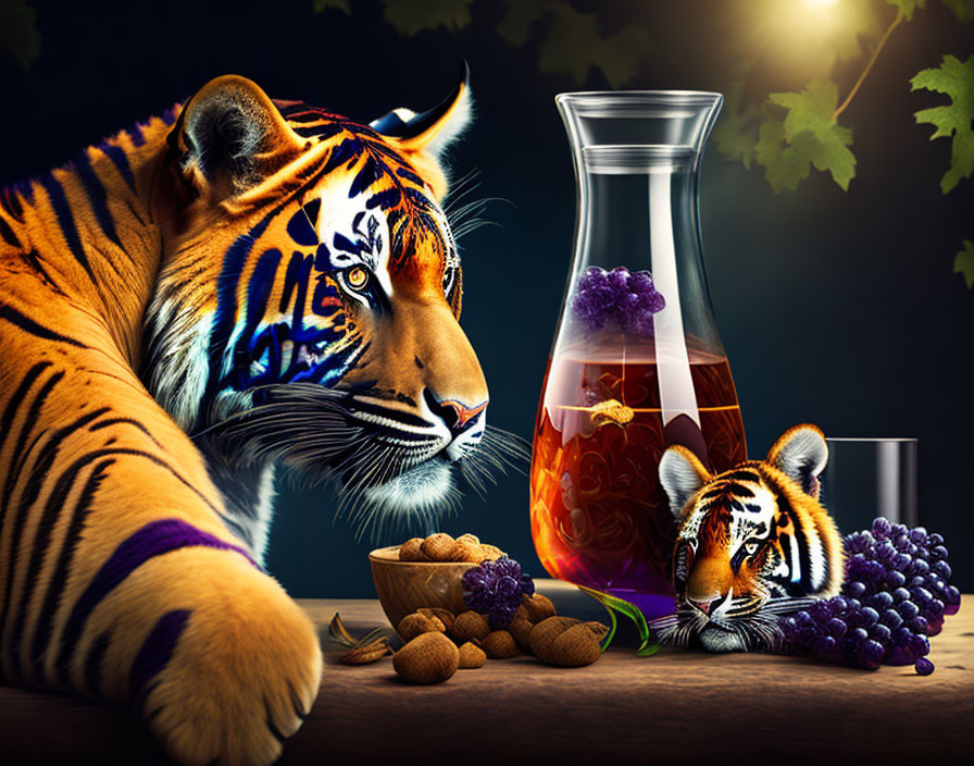 Digital artwork: Two tigers, vines, grapes, glass jug, nuts, berries on dark background