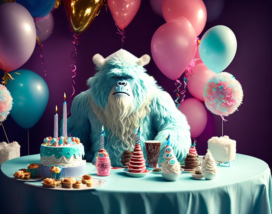 Blue furry monster at party table with cake & balloons