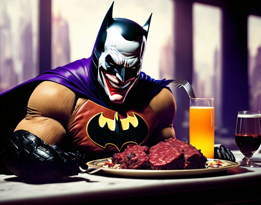 Muscular Batman character dining with steak, orange juice, and wine