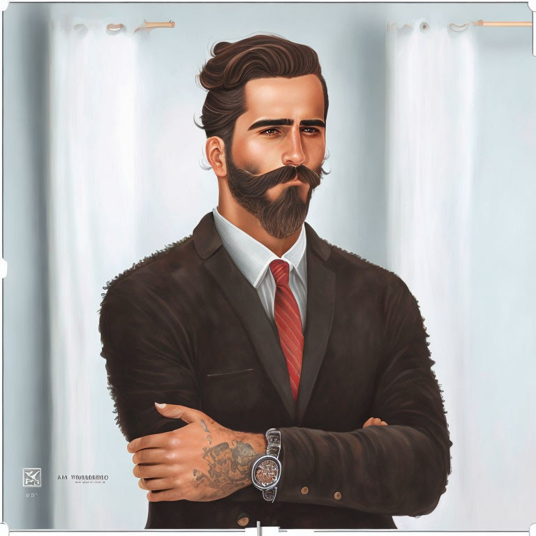 Stylish man with beard, suit, watch, and arm tattoo