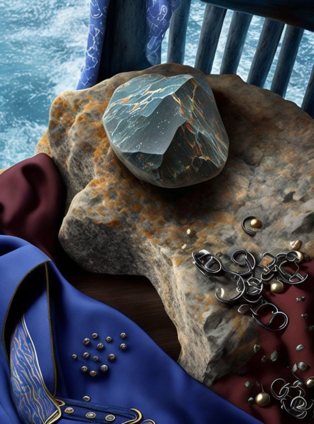 Carved stone on rocks beside blue fabric with silver designs and scattered jewelry.