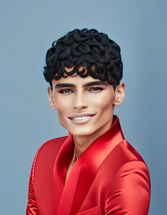 Person with Stylized Curly Hair and Bold Makeup in Red Outfit on Blue Background