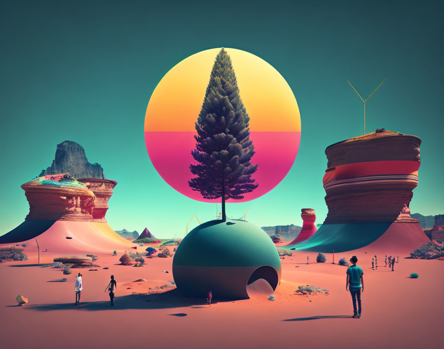 Surreal landscape with colorful skies, giant tree, and whimsical rock formations