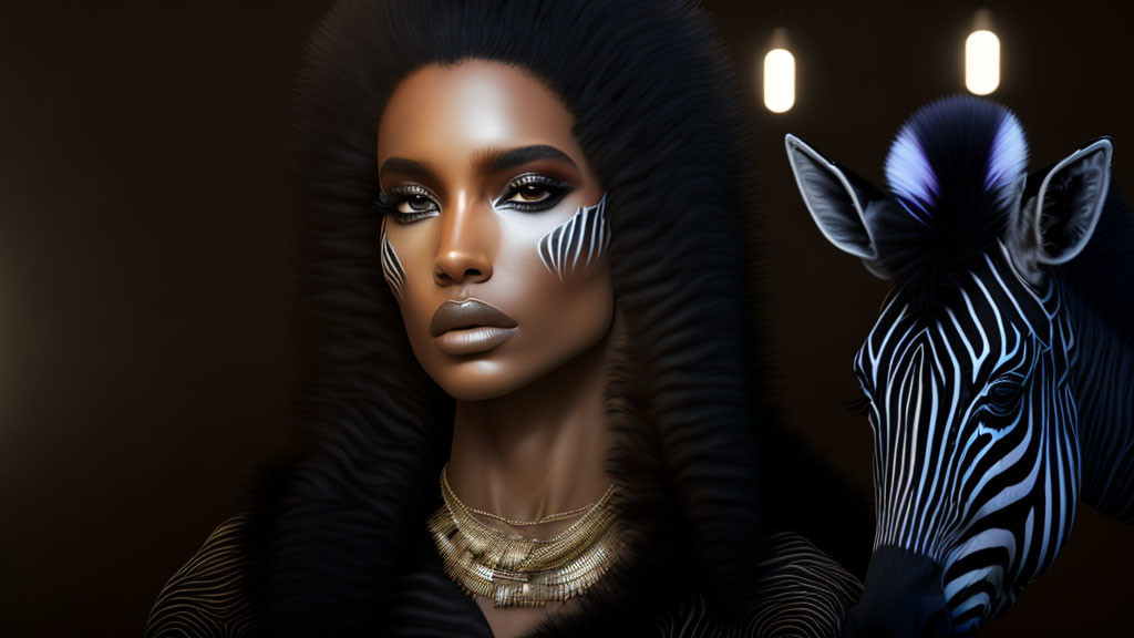 Woman with zebra-inspired makeup next to a real zebra on warm-toned backdrop