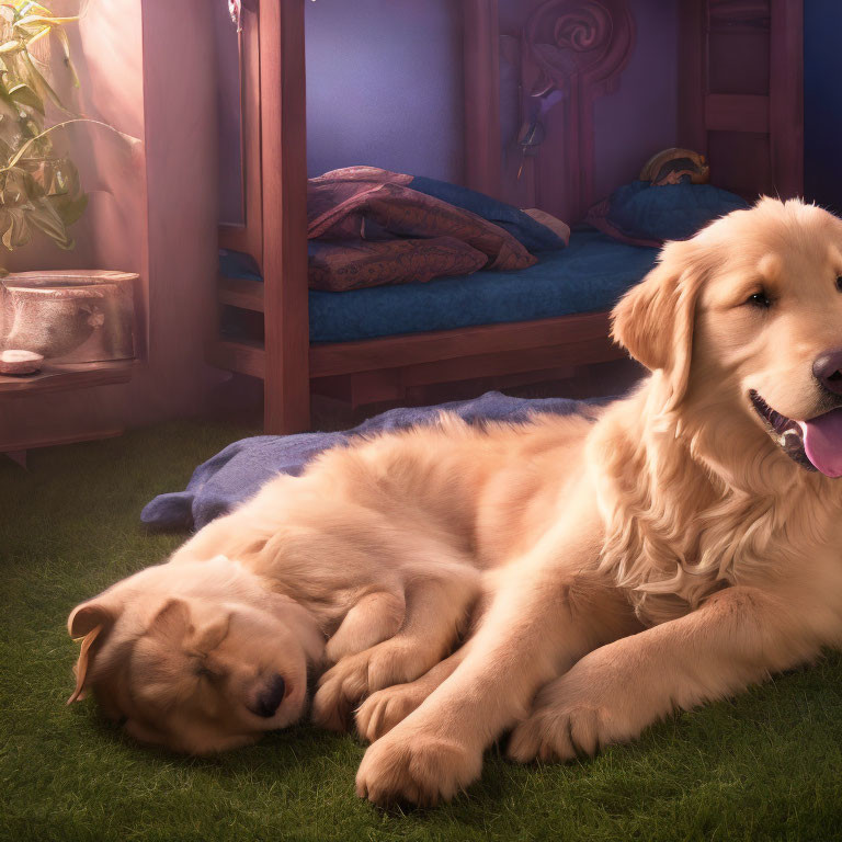 Golden retriever relaxing beside purple bed in warmly lit room