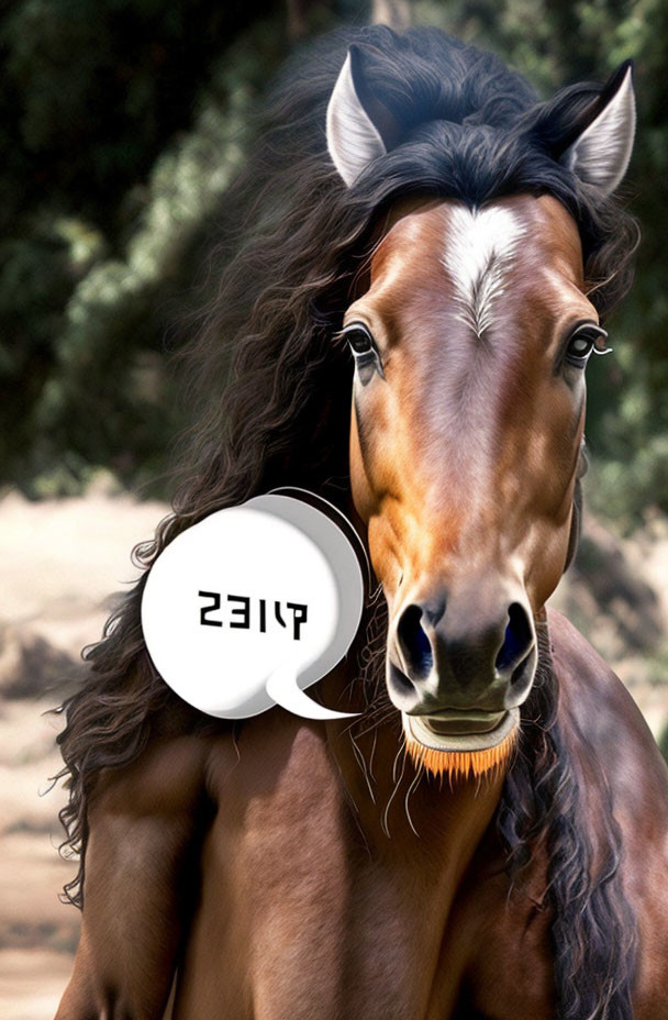 Brown horse with white blaze and speech bubble "PLZ!