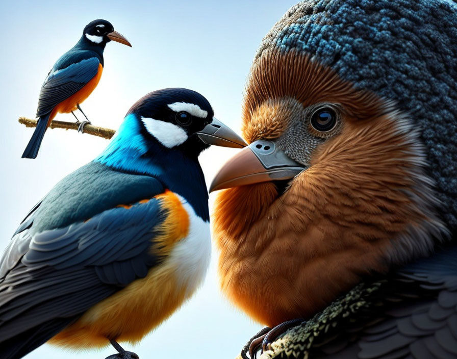 Realistic trio of colorful birds perched on branch against blue backdrop