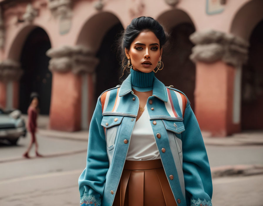 Stylish woman in blue jacket and brown skirt posing by building with arches