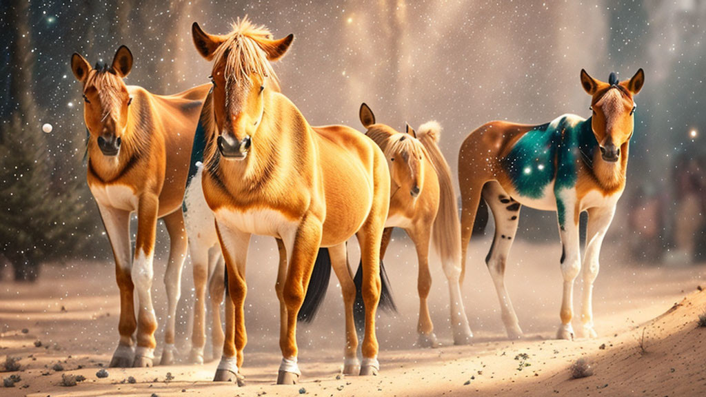 Four horses in a row on a dusty path with falling snowflakes under warm light