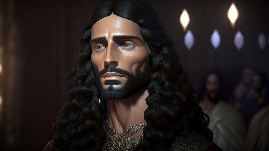 3D animated character with long black hair and beard in golden attire in dimly lit room