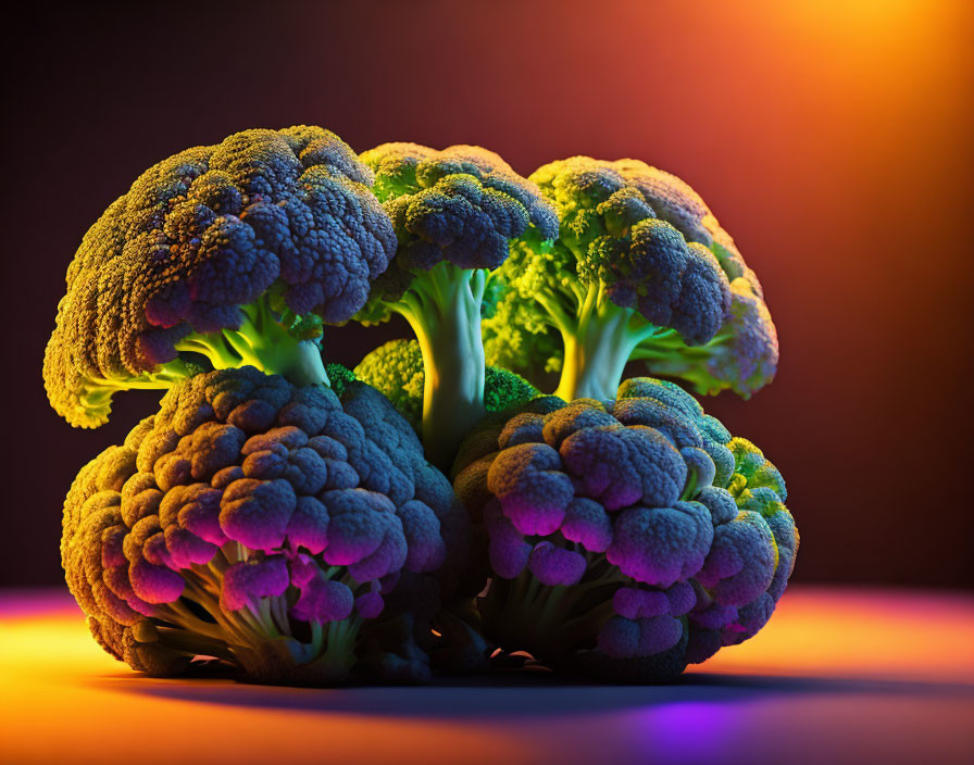 Vivid Purple and Orange Background with Three Broccoli Heads