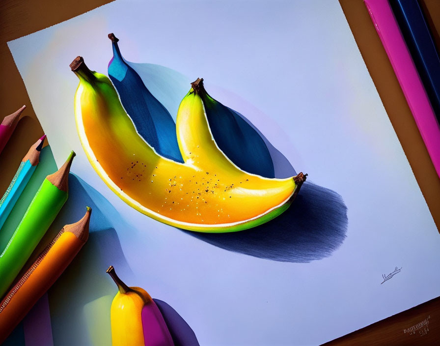 Hyperrealistic Drawing of Sliced Banana with Colored Pencil Shadow