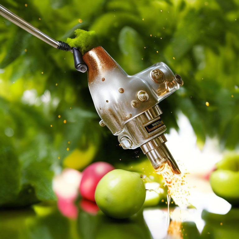 Vintage Meat Grinder Design Juicer Turning Green Fruit into Juice in Lush Background