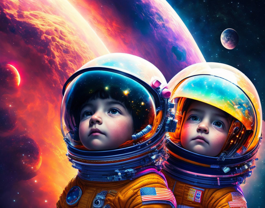 Children in astronaut suits with vibrant cosmic backdrop